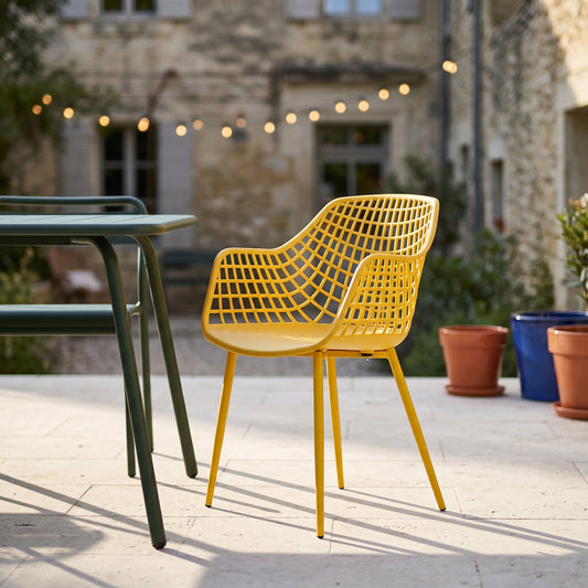 Modern Mesh Moulded Piazza Plastic Yellow Dining Chair With Arms