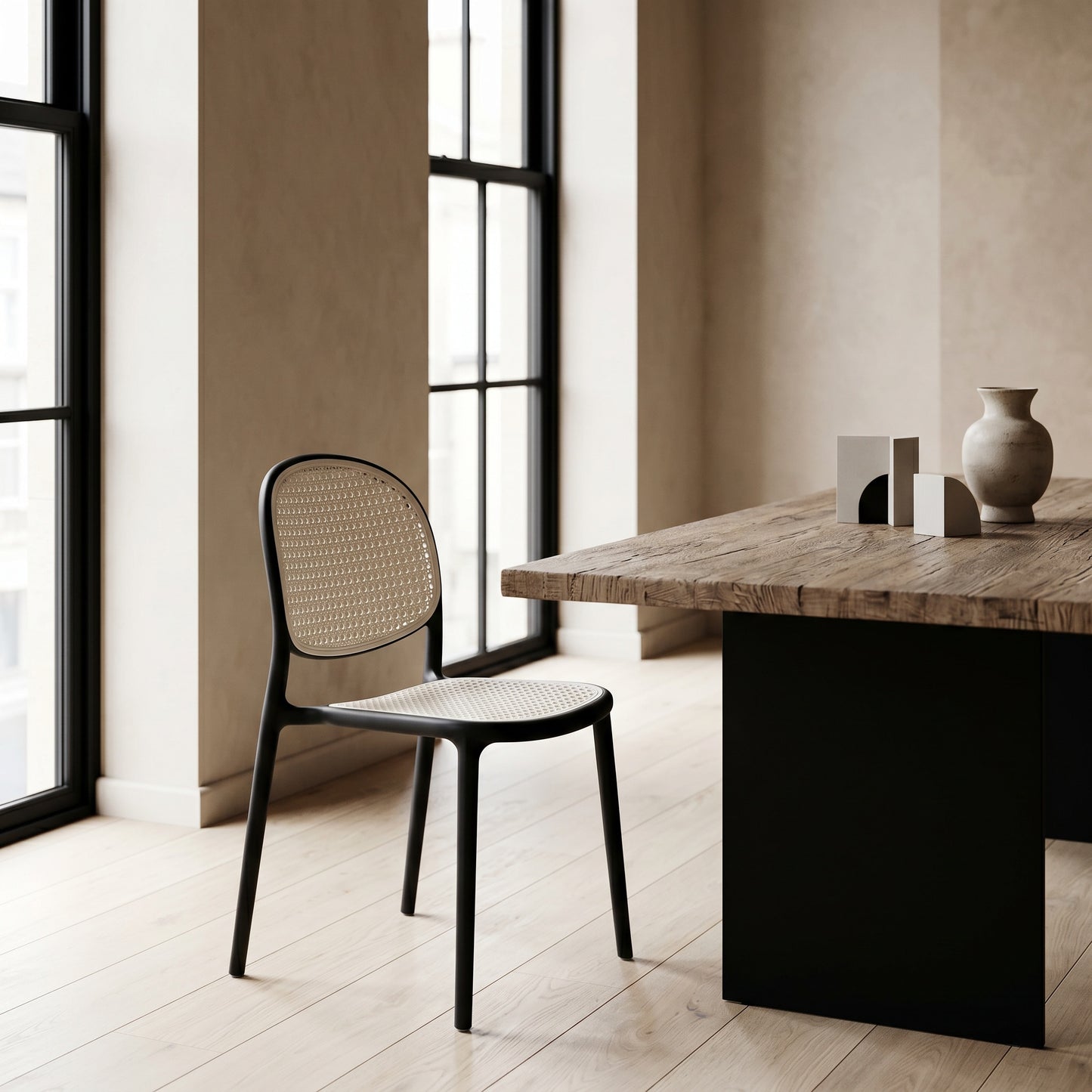 Contemporary Matte Black & Off-White Mesh Back Dining Chair