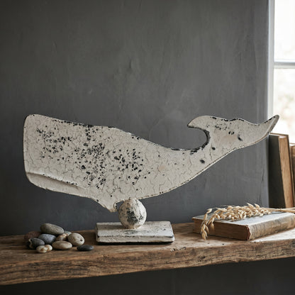 Maritime Seaside Décor Nautical Decorative 34 cm Metal Distressed White Rustic Iron Large Whale On Stand