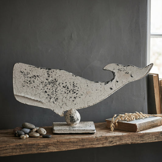 Maritime Seaside Décor Nautical Decorative 34 cm Metal Distressed White Rustic Iron Large Whale On Stand