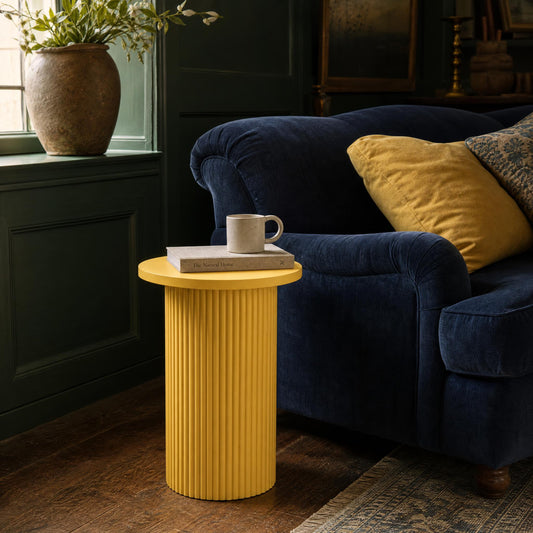 Hand Carved Yellow Wooden Reeded Fluted Round Top Occasional End Table Side Table